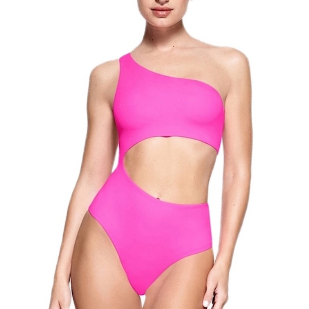 NEW SKIMS Fits Everybody One Shoulder Cut Out Thong Bodysuit, Neon Pink, Size XL
